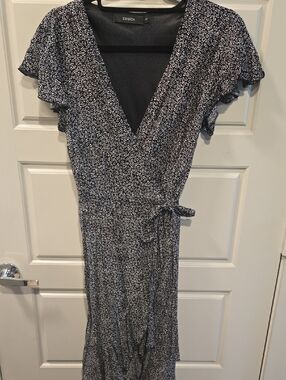 Black And White Floral Midi Wrap Dress